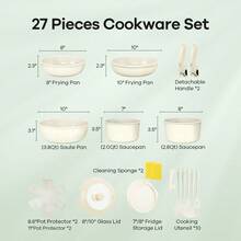 27pcs Ceramic Nonstick Kitchen Pots And Pans Set Cookware Sets With Removable Handles, Oven & Dishwasher, Stackable, Induction Ready, Including Frying Pans, Sauce Pans, Beige - 白色 - 查看 4