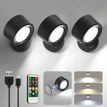 LED Wall Mounted Lights 3 Pcs With Remote, Wall Sconces Lamp 3000mAh Rechargeable Battery Operated, 3 Color Temperatures & Dimmable Magnetic 360° Rotation Cordless Light For Bedroom Bedside - 7W - View 1