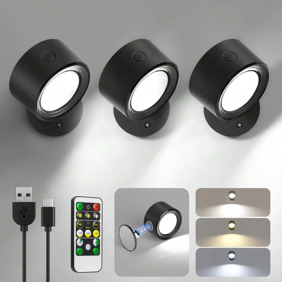 LED Wall Mounted Lights 3 Pcs With Remote, Wall Sconces Lamp 3000mAh Rechargeable Battery Operated, 3 Color Temperatures & Dimmable Magnetic 360° Rotation Cordless Light For Bedroom Bedside - 7W - View 1