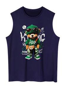 男士字母和心形印花休闲无袖 T 恤 - 藏蓝色 - 查看 2