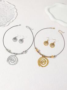 1 Set Of 3pcs Bohemian Style Metal Twisted Texture Pendant Earrings Jewelry Set, Holiday & Everyday Wear