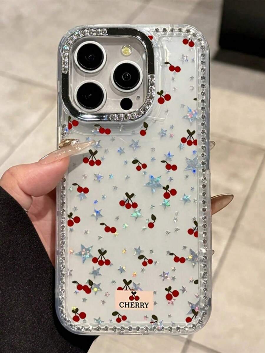 奢华全屏樱桃水钻星形边框手机壳，兼容 17 Pro Max、17 Pro、17 Air、16 Pro Max、14 Pro、13、12、15 Plus、11，Y2K 闪亮透明保护壳，礼盒包装