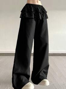 Women's Spring Summer Baggy Pants Elastic Waistband Low Waist Loose Wide Leg Pants With Fart Curtain