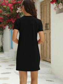 Women T Shirt Mini Dress Summer Short Sleeve Crew Neck Casual Dress With Pocket - 黑色 - 查看 5