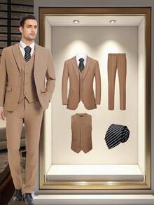 4 Pcs Men Blazer Jacket Vest Pants Stripe Tie Lapel Collar Two Button For Evening Prom Dinner Wedding Banquet Men Classic Commuting Suit - 駝色 - 查看 1
