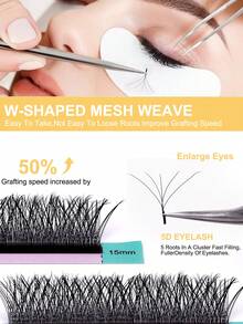 12 Rows 5D Eyelash Extensions, 0.07D 8-15mm Self-Adhesive Lashes, 8-15mm W-Shaped Fluffy Natural False Eyelashes, Soft Straight Tip Crossing Lashes For DIY Home Use, Long Matte Black Lashes Similar To Mink Hair For Salon Beauty - D - View 7
