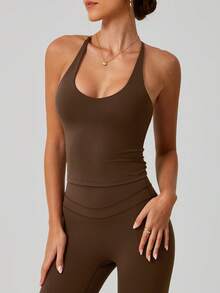 NcmRyu Women's Solid Color Halter Neck Tank Top And Leggings Yoga Pilates Running Training Casual Sports Suit - Brown - View 7