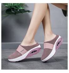 Women's Solid Color Mesh Sneakers, Slip On Soft Sole Platform Home Casual Shoes, Breathable Half Drag Slides Shoes Plus Size - Pink - View 2