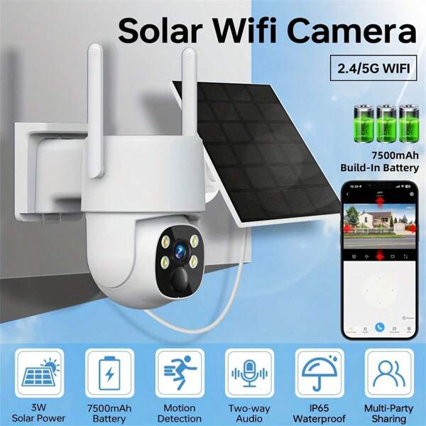 4MP Wireless Outdoor Solar Surveillance Camera,Powered By 5000mAh Battery, 5G WiFi Smart Surveillance Camera, With Spotlight And Alarm, Two-Way Audio, Color Night Vision, AI And PIR Motion Detection, AI Detection For Home Security, Supports Alexa