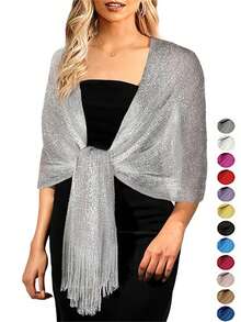 1pc Women Silver Shawl, Suitable For Evening Dresses, Wedding, Party Fall Clothes For Women - Multicolor - View 12