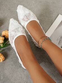 2025 New Pointed Toe Women's Shoes, Fashion Lace Patchwork Rose Flat Shoes, Breathable Hollow Out Outdoor Casual Party Loafers, Elegant And Gentle Style - White - View 3