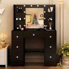 Dressing Table Makeup Vanity Desk Set With Dresser Mirror 3 Color Lights - Large Dressing Table Set & LED Makeup Mirror Drawers Vanity Desk For Bedroom