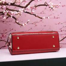 1 pieza Bolso de mano con gran lazo, con asas doradas, disponible en varios colores - rosa, rojo, blanco, azul, caqui, negro, marrón, hecho de material de PU, cierre con cremallera, apropiado para salir y para llevar lo necesario diario, nuevo lanzamiento 2025