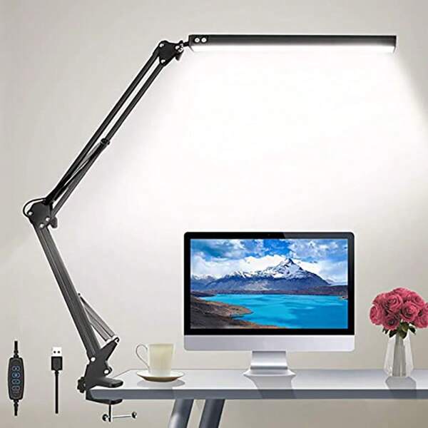 Luminária de mesa LED para casa, escritório, leitura, luminária de mesa ajustável e protetora para os olhos com braçadeira, luminária de braço articulado com 3 modos de cor, 10 níveis de brilho, luminárias de mesa com função de memória