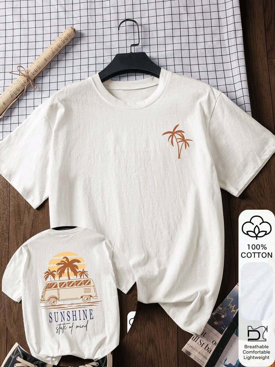 女士宽松T恤，阳光巴士印花，100%纯棉，白色短袖图案T恤，返校服装，校园穿搭灵感，返校必备单品，开学第一天穿搭，2026返校穿搭 - 白色 - 查看 1