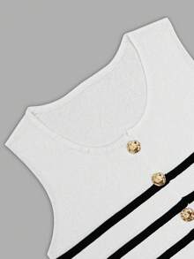 复古时尚优雅金属纽扣前开纯色无袖圆领商务夹克工作服马甲，修身简约风格休闲条纹毛衣，适合女士，春夏秋季 - 彩色 - 查看 7