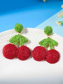2025 Summer Raffia Beach Straw Earrings For Women, Oversized Cherry Tree Leaf & Flower Design, Beach Photo Accessories - Straw Earrings - View 11