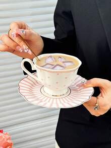 1pc Luxury Polka Dot Coffee Cup And Saucer Set, Classic Striped Polka Dot English Afternoon Tea Cup And Saucer, Ceramic Material, High-Temperature Painting Craft, Nordic Style, Minimalist, Creative, Mug/Coffee Cup/Afternoon Tea Cup - Multicolor - View 5