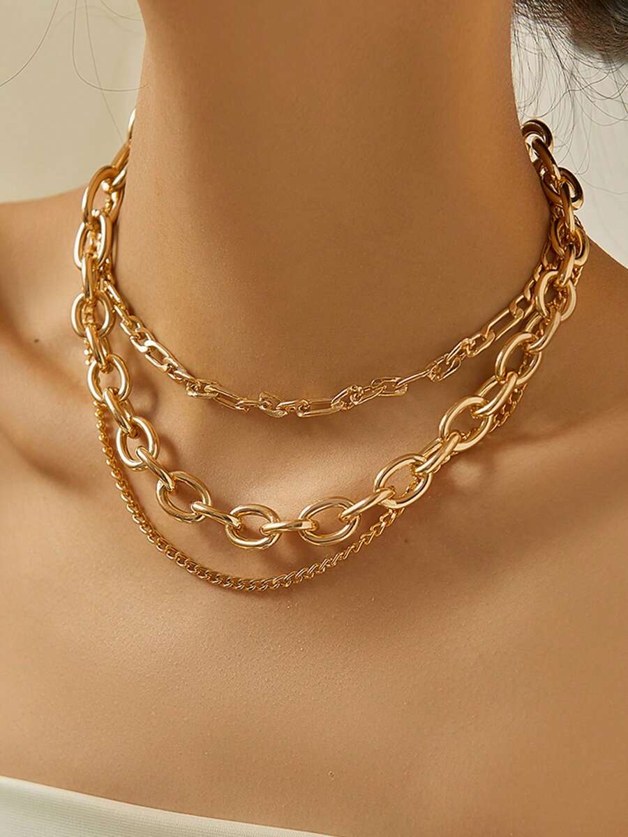 3pcs/Set Gold Multilayer Necklace For Women, Fashion Minimalist Style Chunky Chain Layered Necklace Set, Gift For Her (Chain, Clasp, Beads Quantity Random)