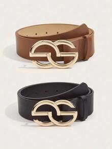 2 件女士经典纯色复古装饰休闲牛仔腰带，配金色扣，PU 皮革