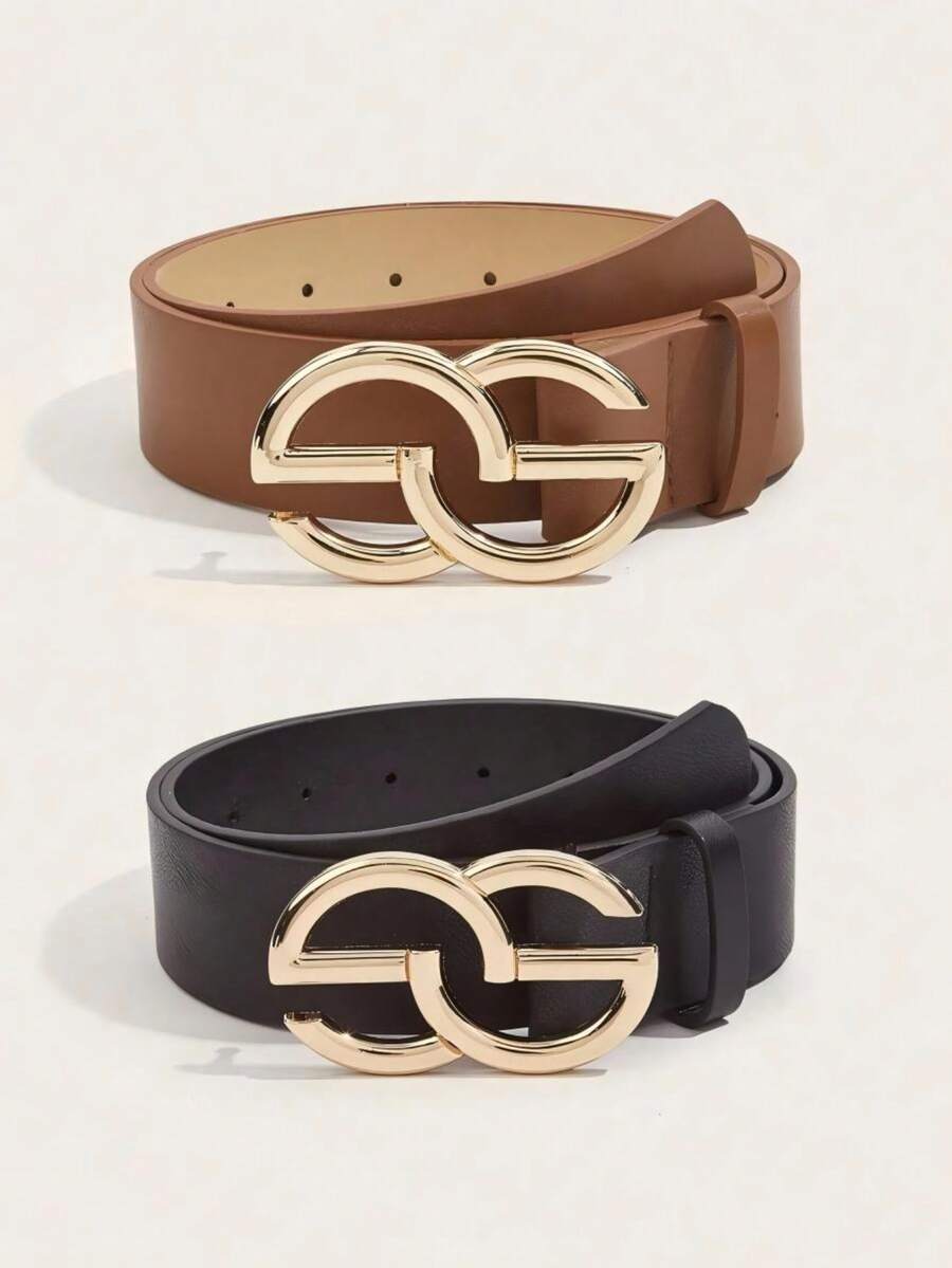 2 件女士经典纯色复古装饰休闲牛仔腰带，配金色扣，PU 皮革