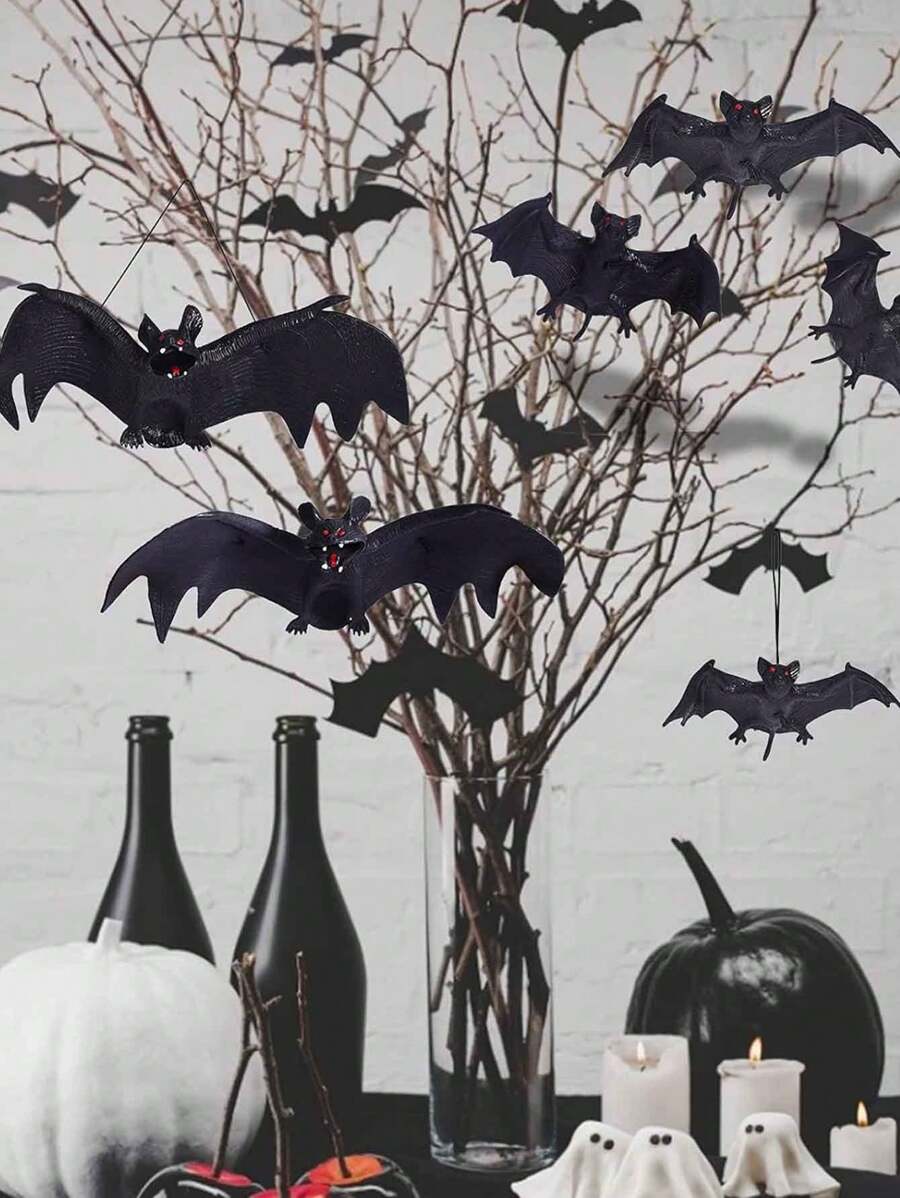5pcs 3D Soft Plastic Realistic Bat Models, Halloween Pranks Scary Animal Hanging Decor, Rubber Bat Ornaments For Horror Decoration