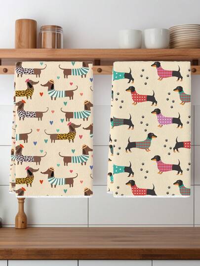 قطعتان من فوط المطبخ الجميلة بشكل كلب الدكسهوند، بأنماط قلوب، فوط مناشف يد غسيل الصحون للمطبخ، ديكور مطبخ وطاولة، لوازم مطبخ مناسبة للاستخدام اليومي والتنظيف في المطبخ والمطعم