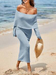 Saodimallsu Womens Off Shoulder Summer Maxi Dress Bell Long Sleeve Sexy Bodycon Strapless Sheer Beach Swimsuit Coverup - 米色 - 查看 7