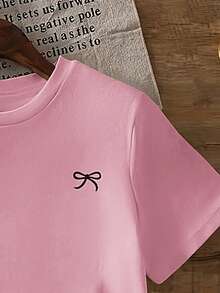 Camiseta de manga corta, holgada, de hombros anchos con estampado de lazo - Rosa - Ver 4