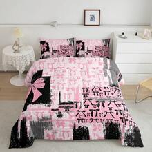 Juego de edredón tamaño king en rosa, gris y negro con lazo, para niños y niñas, conjunto de ropa de cama con diseño de lazos acuarela, 3 piezas - Negro - Ver 2