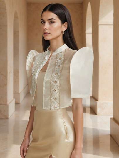 1 Piece Of Women's Elegant Bubble Sleeve Short Sleeved Shirt Top Bolero Filipiniana For Women
