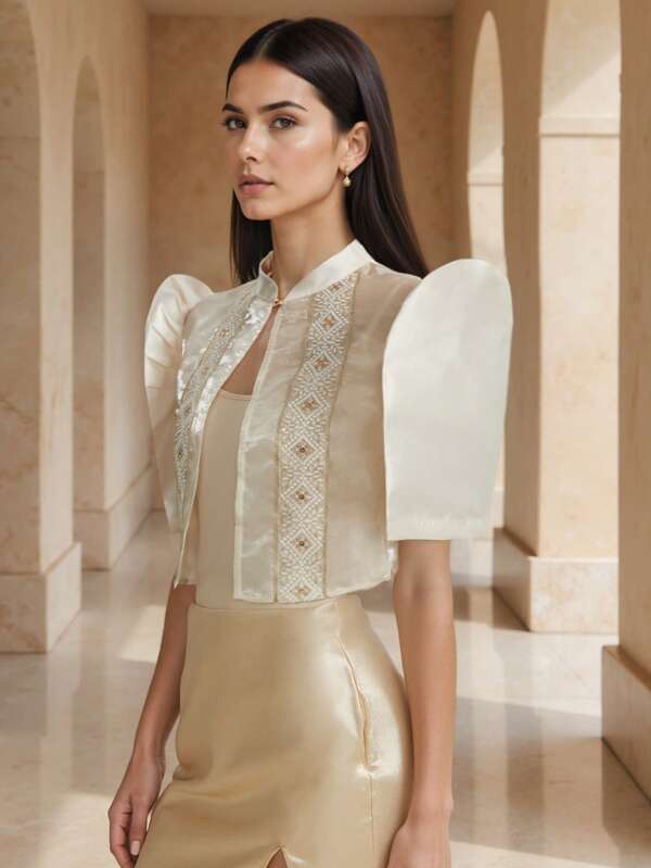 1 Piece Of Women's Elegant Bubble Sleeve Short Sleeved Shirt Top Bolero Filipiniana For Women