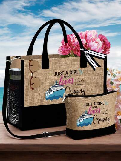 Cruise Themed Linen Beach Tote Bag For Women, Handbag And Cosmetic Bags,Lightweight Foldable Storage Bag, Beauty Products Storage, Charger Storage Bag,Pencil Case,Nail Polish , Air Cushion Storage,Travel Cosmetics, Shopping Bag, Large Capacity Storage, Travel Shopping Bag, Bag For Beach Accessories, Back To School,Suitable For Travel, Beach, Birthday, Holiday, Graduation Gift