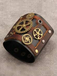 1 件男士朋克摇滚摩托车手链，不对称骑行针双扣宽皮革腕带，哥特式复古皮革手链，男士礼物 - 皮革 - 查看 13