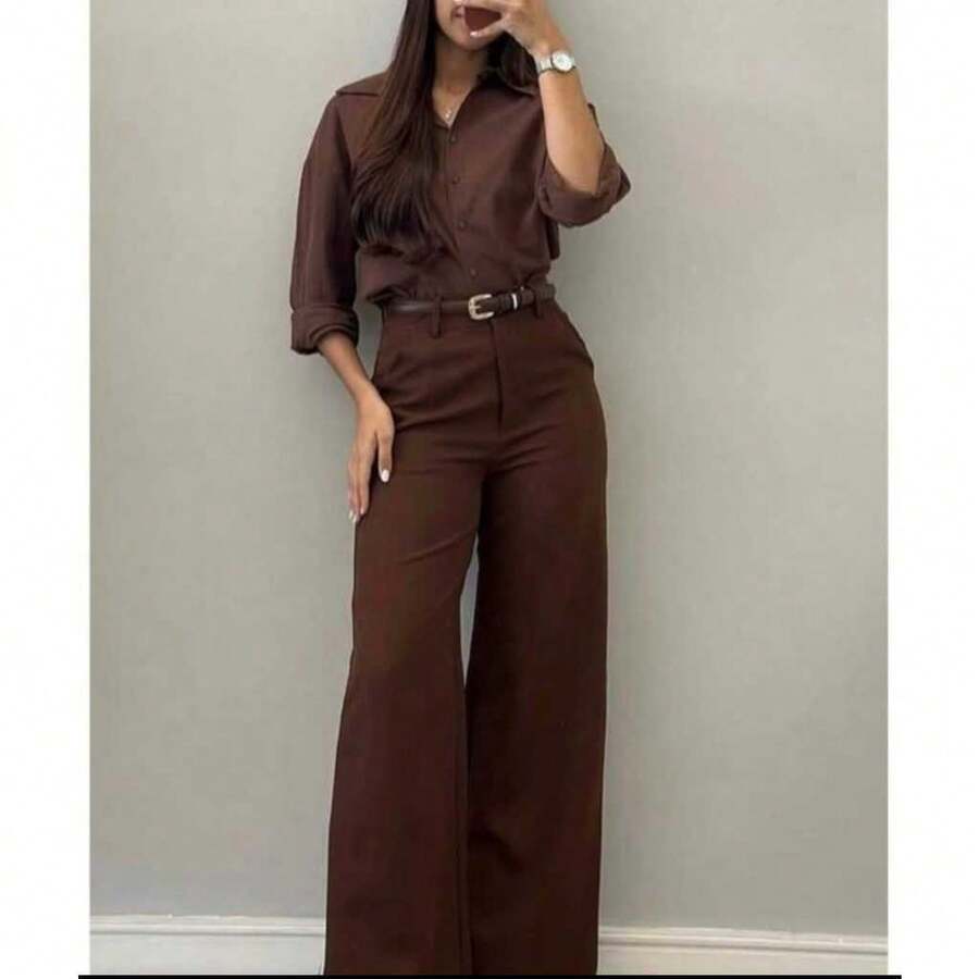 High Waist Tailored Wide Leg Pants – Elegance And - 鏽棕色 - 查看 1