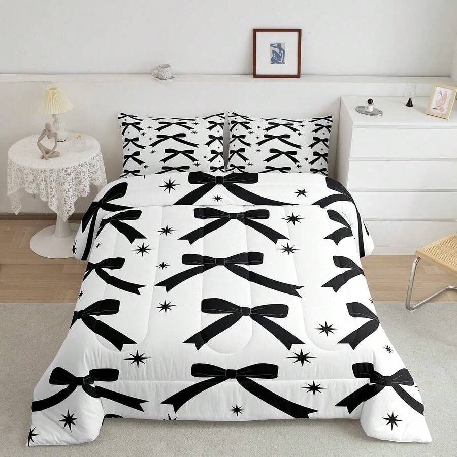 Black Bowknot Comforter Set,Dreamy Princess Stars Styles Bedding Set Twin Size,Girls Bedroom Room Decor,Kawaii Black Bow Tie Comforter,Cute Bow Girly Bed Set For All Season - 黑色 - 查看 1