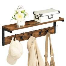 HOOBRO Coat Rack Shelf Wall-Mounted, Coat Hook With 7 Hooks And Shelf, 70 Cm Hallway Coat Rack, Wall Floating Shelf With Hat Rack, For Bathroom, Kitchen, Laundry Room, Rustic Brown - Brown - View 9