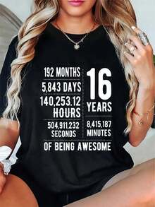 100% Cotton 16th Birthday Idea For Boys & Girls Funny 16 Years Old T-Shirt Women's Men's Graphic Tee,Casual Short Sleeve Shirt - 黑色 - 查看 1