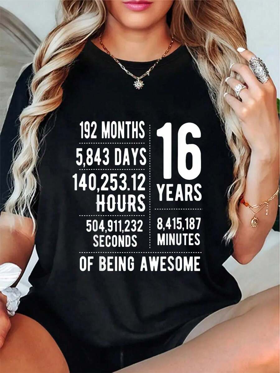 100% Cotton 16th Birthday Idea For Boys & Girls Funny 16 Years Old T-Shirt Women's Men's Graphic Tee,Casual Short Sleeve Shirt - 黑色 - 查看 1