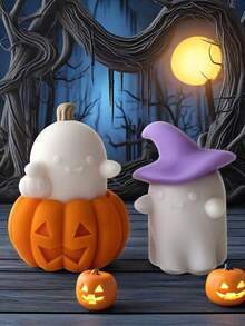 1 pieza Molde de silicona para vela con diseño de calabaza fantasma 3D (estilo espeluznante y lindo) - Fácil de desmoldar, duradero y fácil de limpiar, perfecto para velas de aromaterapia DIY/decoración de Halloween, excelente para el hogar/fiesta y regalos espeluznantes, superficie brillante para diseño de velas de fantasía - Blanco - Ver 3