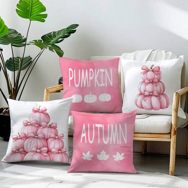 4pcs One-Sided Printed Pillow Covers, Pink Pumpkin & Bow Design 17.7"*17.7" Decorative Cushion Covers For Home, Room, Living Room, Sofa, Bedroom, Pillow Inserts Not Included