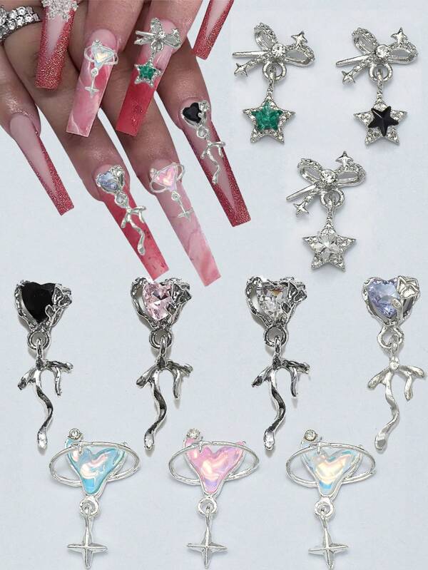 Set de 5 piezas/5 piezas de accesorios de arte de uñas con colgantes con forma de corazón - Dijes de aleación 3D con lazo y estrella, aptos para uñas cortas y largas y diferentes tipos de uñas