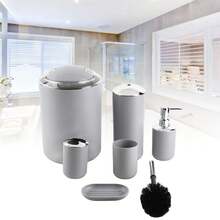 6pcs/Set Bathroom Accessories Set Toothbrush Holder,Trash Can,Soap Dispenser (Gray) Back To School - Dark Grey - View 1