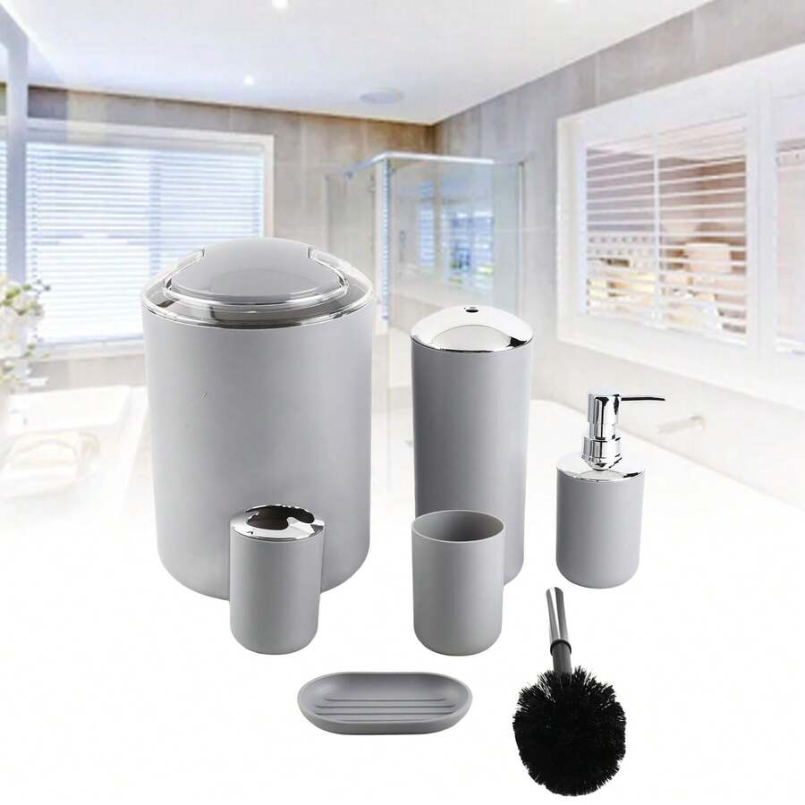 6pcs/Set Bathroom Accessories Set Toothbrush Holder,Trash Can,Soap Dispenser (Gray) Back To School - Dark Grey - View 1