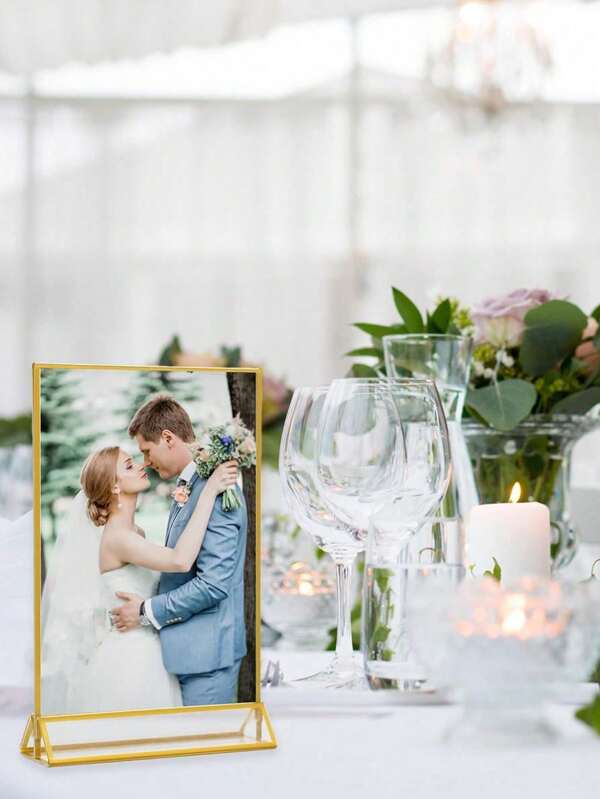 Set de 5 soportes de exhibición de sobremesa triangulares de acrílico con borde dorado, marcos de fotos transparentes de doble cara, placas de identificación para ceremonias de boda