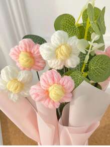 1 Set Handmade Knitted Yarn Artificial Flower Bouquet, Fabric & Knitted Man-Made Flowers, Including Paper Bucket, 5 Yarn Crochet Flowers, Suitable For Mom, Friend's, Or Anniversary Gifts, Mother's Day Gifts, Valentine's Day Gifts, Birthday Gifts, Home Decorations