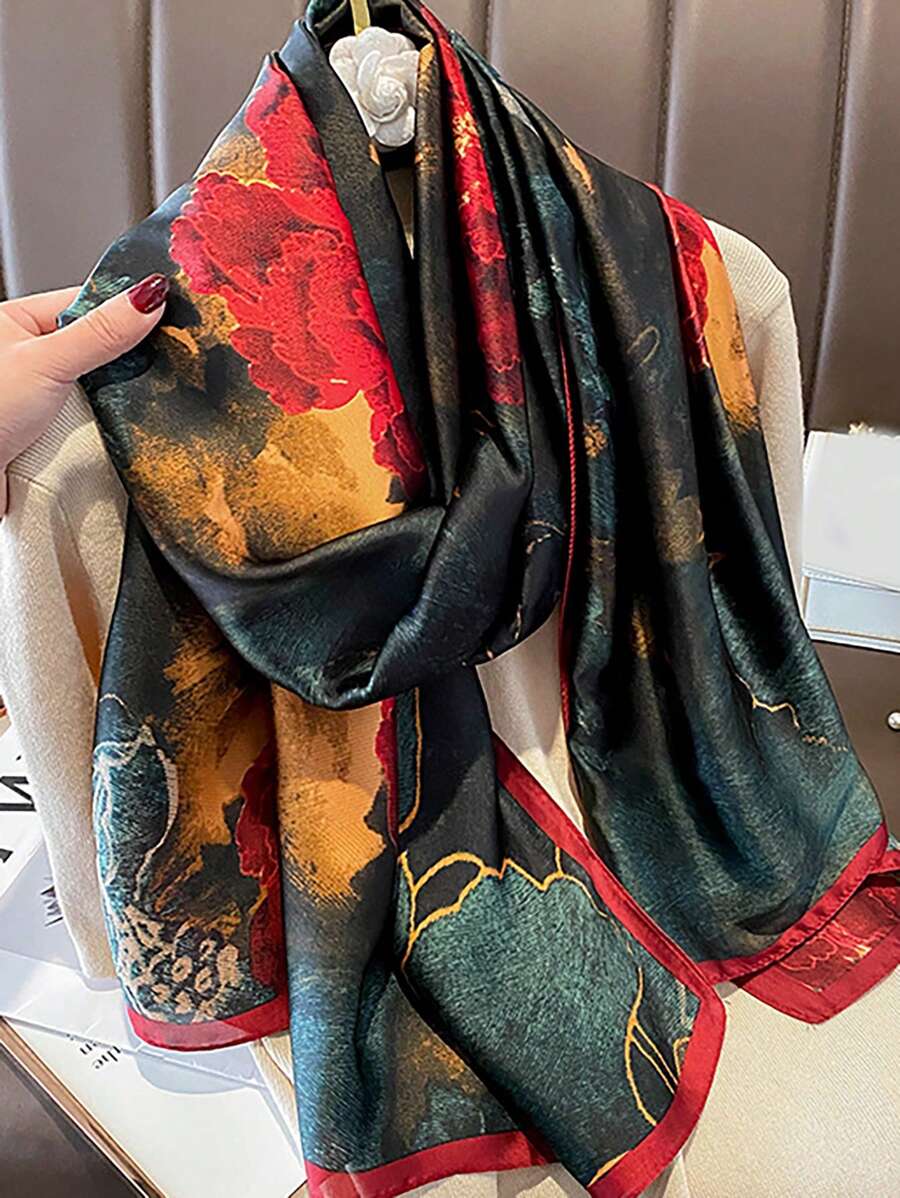 1 pieza Bufanda larga de seda con estampado floral para damas