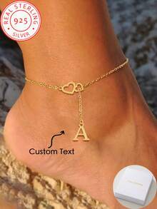 1 Piece 925 Silver Customized Fashionable Classic Hollow Double Heart Initials Anklet. Wear Everyday And On Vacation - Yellow Gold - View 1