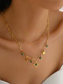 1 pieza Collar de acero inoxidable premium de mujer de doble capa en forma de octágono, de moda y versátil para uso diario