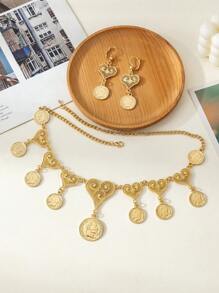 1Set Necklace & Earrings Arabic Plated Gold Hollow Heart Carving Portrait Coin Pendant Heavy-Craft Necklace And Earrings Bridal Wedding Jewelry Set